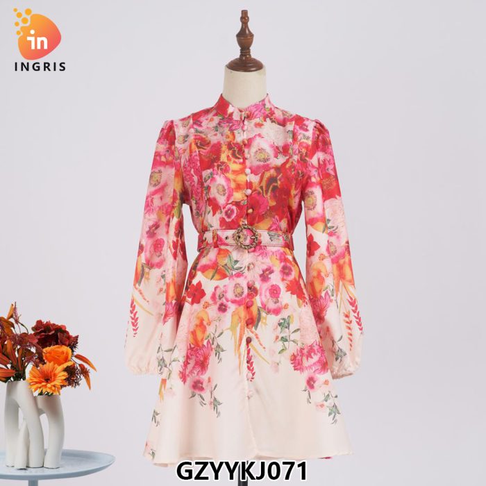 Boutique Wholesale Spring Elegance Lantern Long Sleeved Standing Neck Waist Waist Slimming A-line Printed Women's Dress-GZYYKJ071