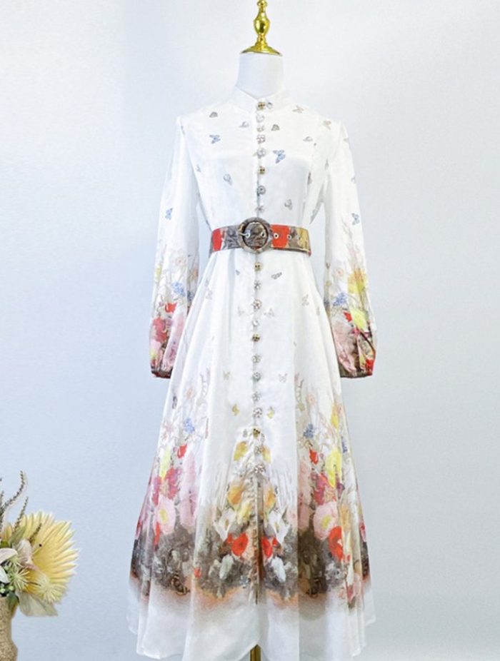 Spring Autumn Elegant Stand Collar Bubble Sleeve Single Breasted Printed Women Dress-YY0045.99GZ