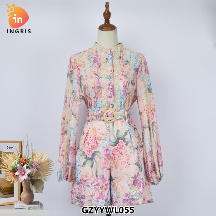 Spring retro stand-up collar single-breasted lantern sleeves and waist printed long dress-GZYYWL055