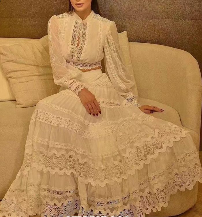 Spring New Arrival Solid Color French Lace Patchwork Puff Sleeve Shirt and Maxi Skirt Suits Set Two Pieces Woman-GZYYWL044