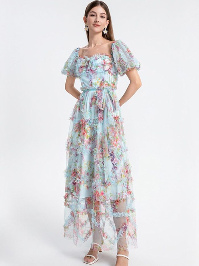 Runway Fashion Print Vintage a Line Dress for Women Square Collar Puff Sleeve High Waist Patchwork Sheer Mesh Dresses Female New-YY0022GZ