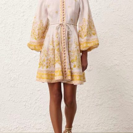 New Fashion Elegant Dress Women Retro Court Standing Collar Lantern Sleeves Printed Waist Slimming A-line Skirt-GZYYKJ013
