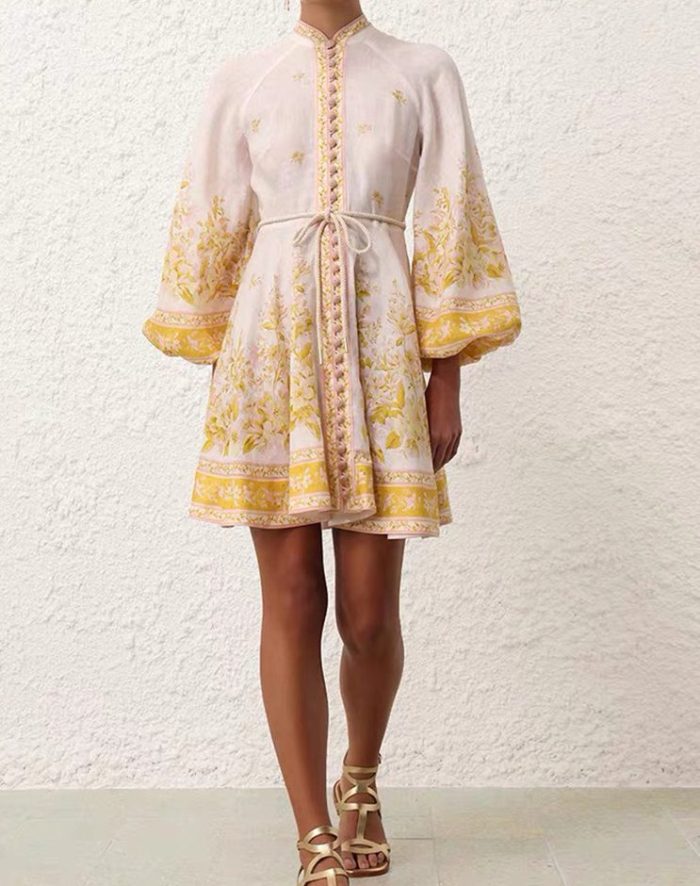 New Fashion Elegant Dress Women Retro Court Standing Collar Lantern Sleeves Printed Waist Slimming A-line Skirt-GZYYKJ013