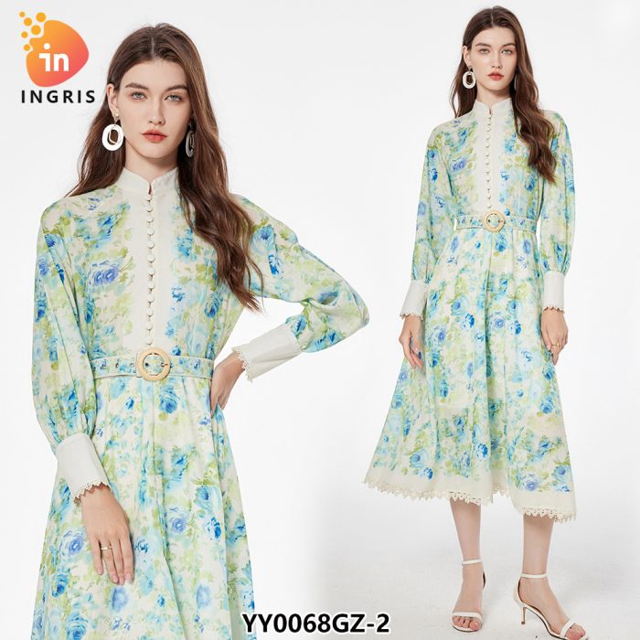 Summer New French Vintage Lace Patchwork Floral Print Dresses Women's Clothing Luxury Elegant Evening Dress-YY0068GZ