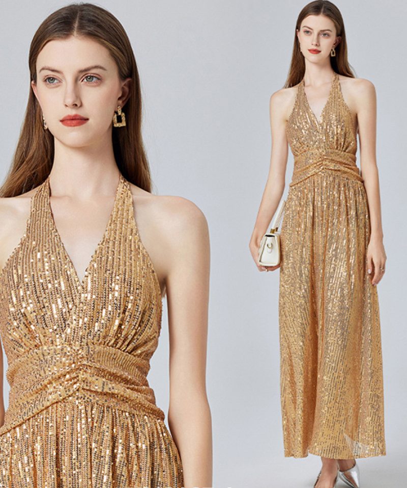 Europe and the United States Clothes Sexy Gold Sequin Halter Split Slimming Evening Dress High Waist A-line-YY0021GZ