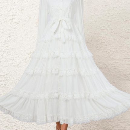 Elegant Autumn New Round Neck Embroidered Single Breasted Lace Splicing Bubble Long Sleeve Dress-YY0043GZ
