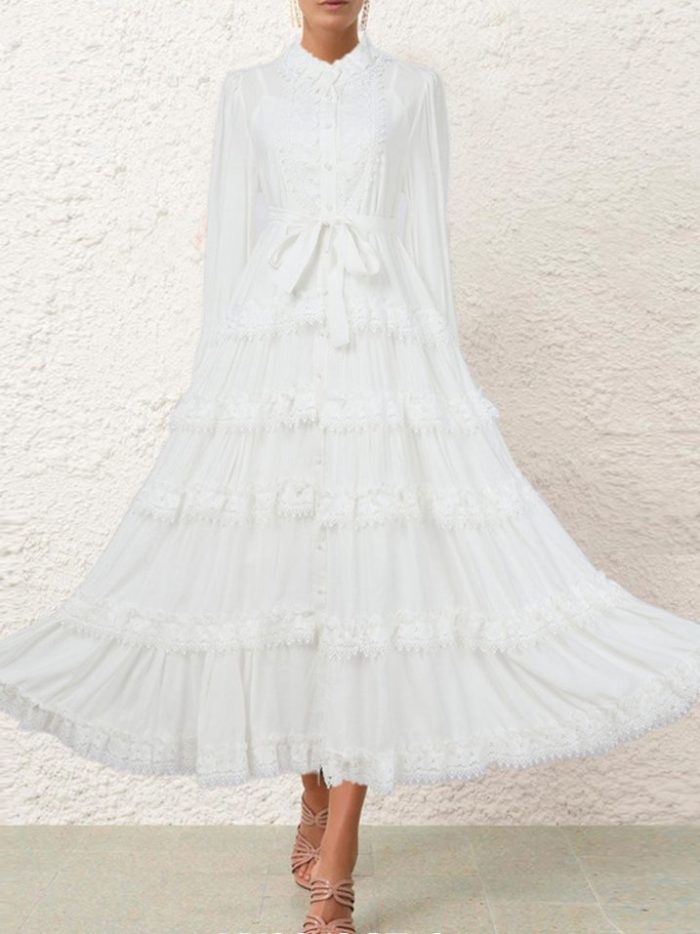 Elegant Autumn New Round Neck Embroidered Single Breasted Lace Splicing Bubble Long Sleeve Dress-YY0043GZ