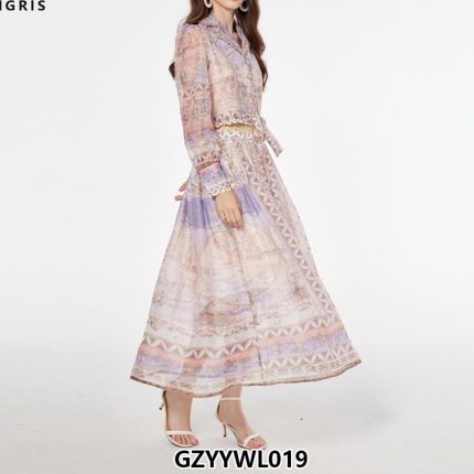 Elegant Chiffon Dress Women's Lace up Waist Slim Collar Ruffle Pleated Long Sleeve Dress-GZYYWL019