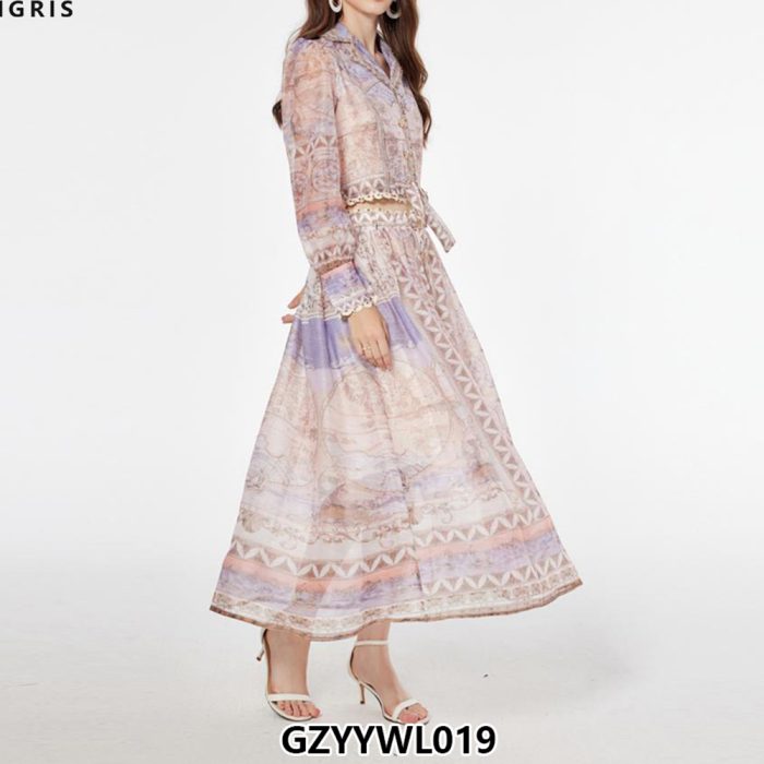 Elegant Chiffon Dress Women's Lace up Waist Slim Collar Ruffle Pleated Long Sleeve Dress-GZYYWL019