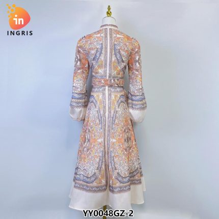 Hot-selling Autumn Style Retro Print Long Sleeve Waist Large Swing Dress Standneck Dress-YY0048GZ