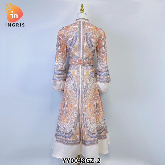 Hot-selling Autumn Style Retro Print Long Sleeve Waist Large Swing Dress Standneck Dress-YY0048GZ