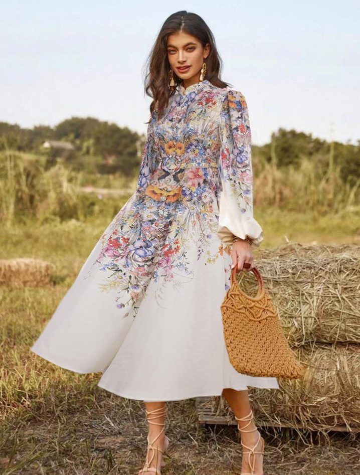 Elegant Women Clothing New Round Neck Flower Print Silky Dress-GZYYKJ010