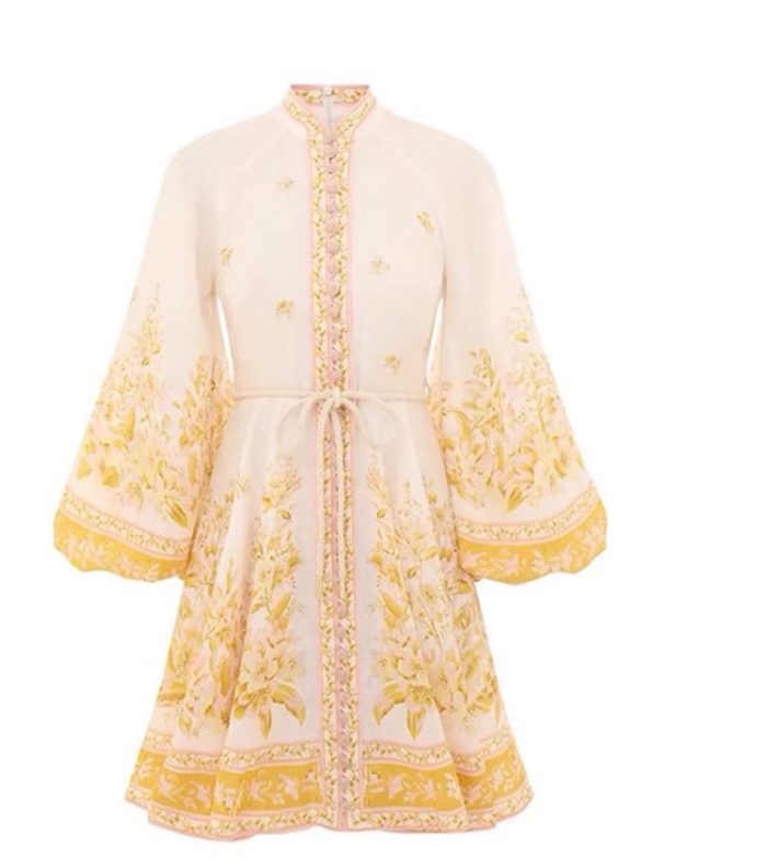 New Fashion Elegant Dress Women Retro Court Standing Collar Lantern Sleeves Printed Waist Slimming A-line Skirt-GZYYKJ013