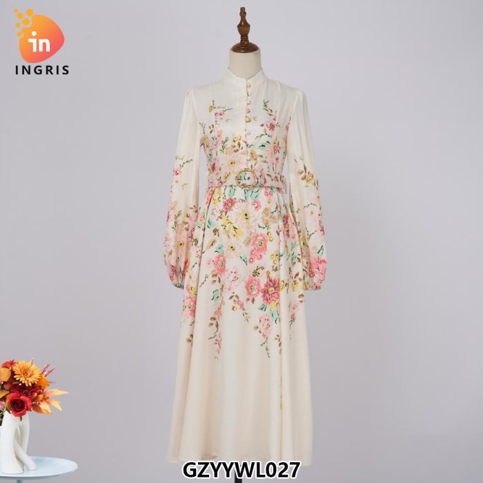 Spring Women's Fashion Retro Holiday Style Design Long Sleeve Stand Collar Flower High Waist Lace up Casual Floral Dress-GZYYWL027