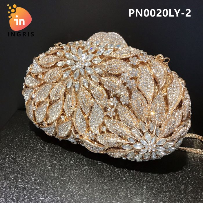 Okiki - Floral Leaf Crystal Embellished Evening Clutch