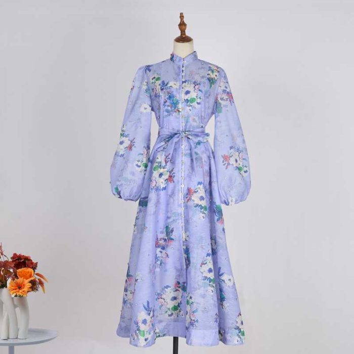 Spring Sweet Tunic Bandage Casual Midi Dress for Women Empire Printed Ruffled Lace Dress-GZYY0002