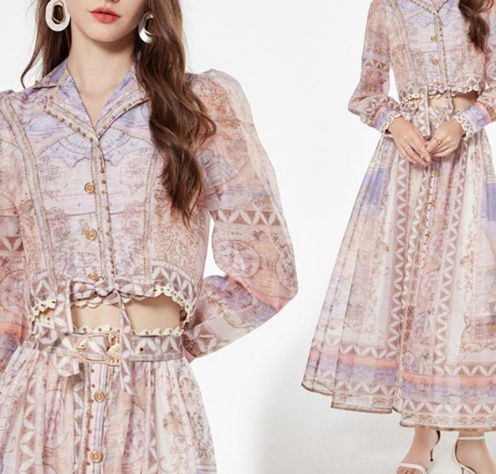 Elegant Chiffon Dress Women's Lace up Waist Slim Collar Ruffle Pleated Long Sleeve Dress-GZYYWL019