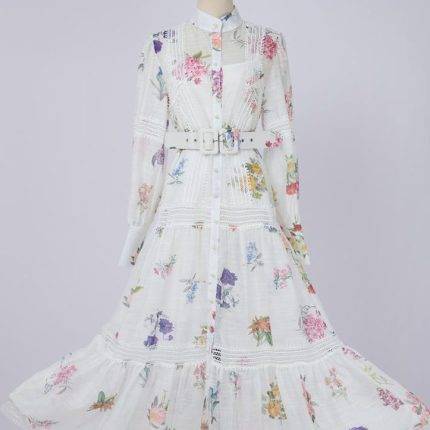 Wholesale Women's Clothing Spring New Lantern Sleeve Printed Single Breasted Dress-GZYYWL024
