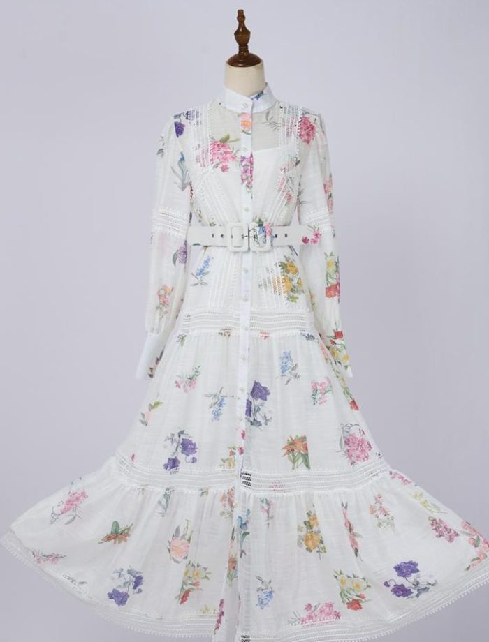 Wholesale Women's Clothing Spring New Lantern Sleeve Printed Single Breasted Dress-GZYYWL024