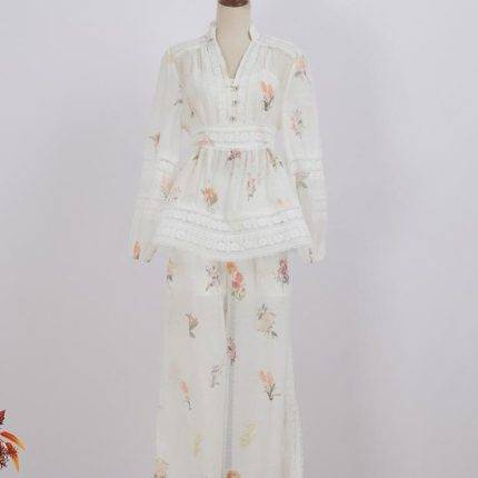 French Retro Heavy Industry Style Summer New Round Neck Hollow-Out Lantern Sleeve Shirt High Waist Skirt Printing Suit-GZYYKJ062