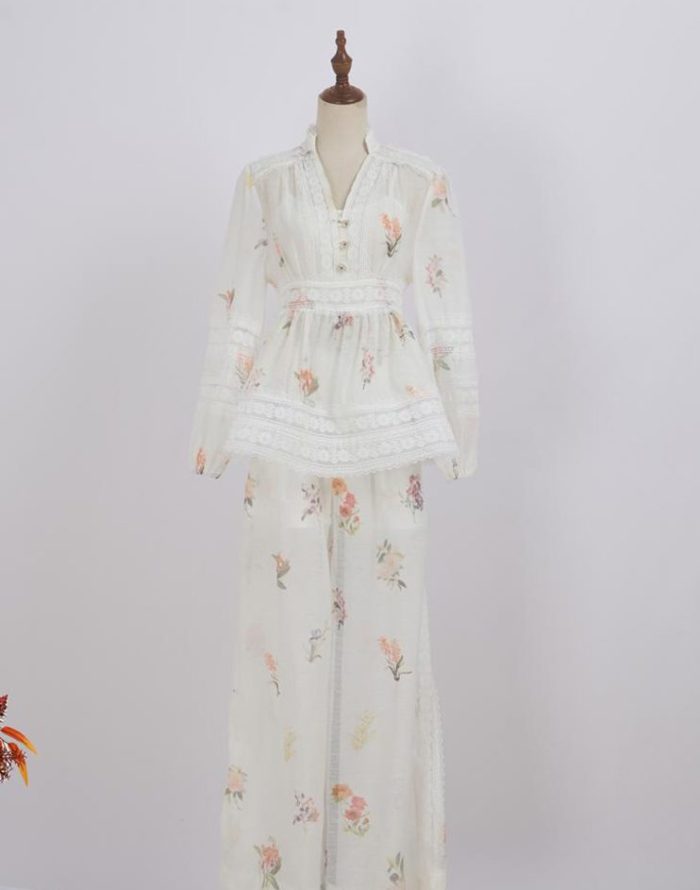 French Retro Heavy Industry Style Summer New Round Neck Hollow-Out Lantern Sleeve Shirt High Waist Skirt Printing Suit-GZYYKJ062