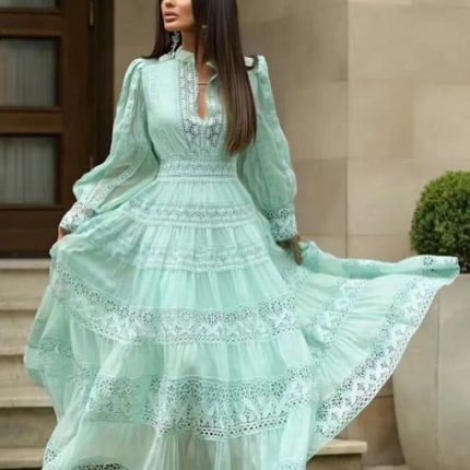 Spring New Fashion Elegant Long Skirt Lace Splicing Design Lantern Sleeve Dress-GZYYKJ28