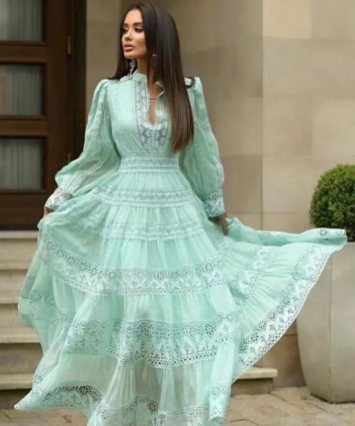 Spring New Fashion Elegant Long Skirt Lace Splicing Design Lantern Sleeve Dress-GZYYKJ28