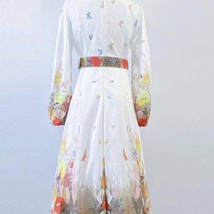 Spring Autumn Elegant Stand Collar Bubble Sleeve Single Breasted Printed Women Dress-YY0045.99GZ