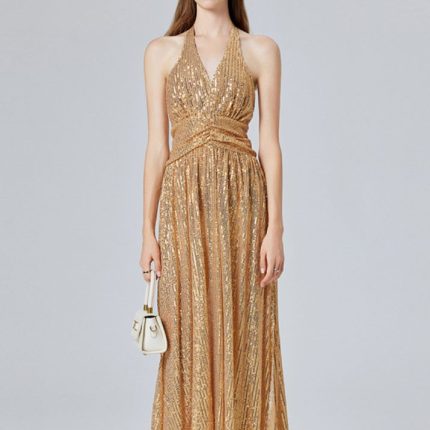 Europe and the United States Clothes Sexy Gold Sequin Halter Split Slimming Evening Dress High Waist A-line-YY0021GZ