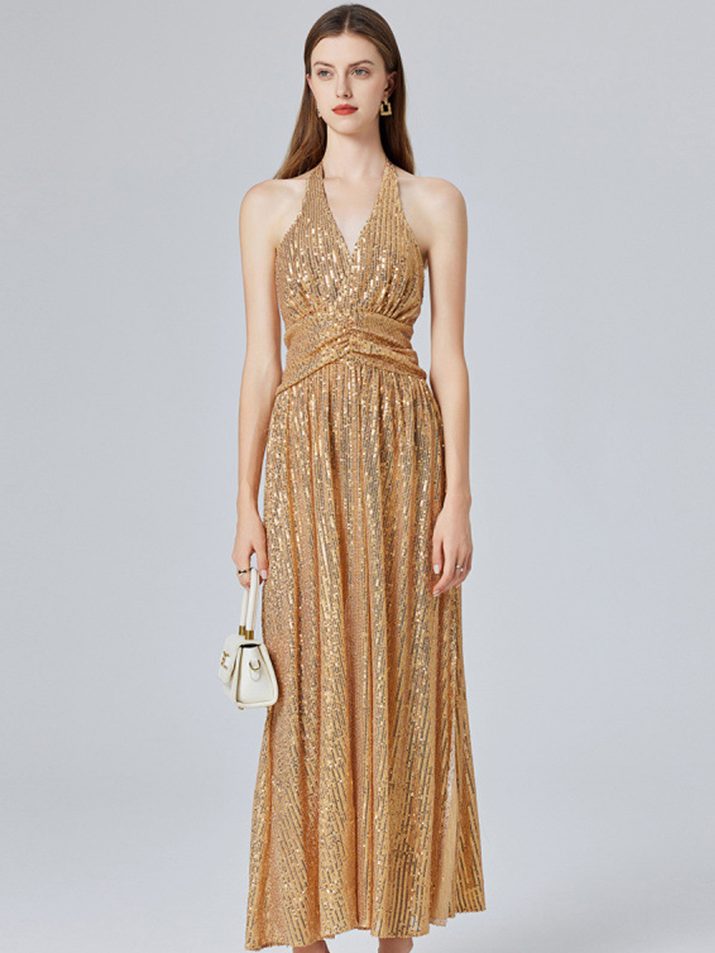 Europe and the United States Clothes Sexy Gold Sequin Halter Split Slimming Evening Dress High Waist A-line-YY0021GZ