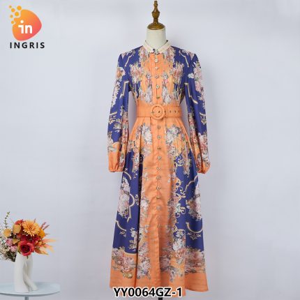 New Printed Muslim Dresses Women's Modest Long Dresses Women's Ramadan Islamic Traditional Robe With Belt Floral Dress-YY0064GZ