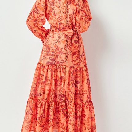 New Product Explosion Long Sleeve Round Neck Button Down Fitted Waist Ruffled Floral Printing Adjustable Strap Maxi Dress Women-YY0067GZ