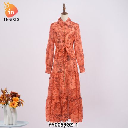 Women Dress Printed Lapel Collar Long Lantern Sleeve With Sashes Vintage Style Elegant 2022 Spring Fashion Dresses-YY0059GZ
