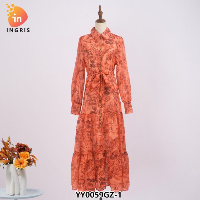 Women Dress Printed Lapel Collar Long Lantern Sleeve With Sashes Vintage Style Elegant 2022 Spring Fashion Dresses-YY0059GZ