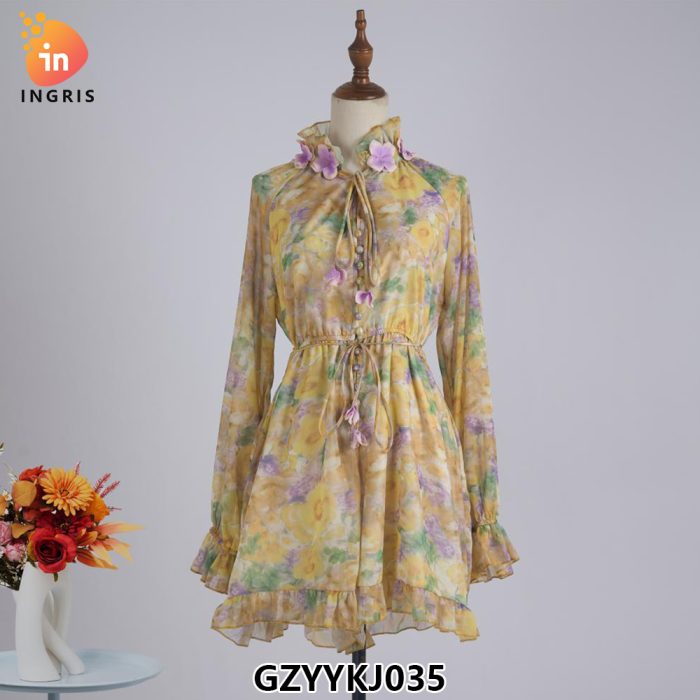 Linen Lantern Sleeve Printed Floral Dress Sweet Fashion Stand Collar V-neck Casual Mini Dress-GZYYKJ035