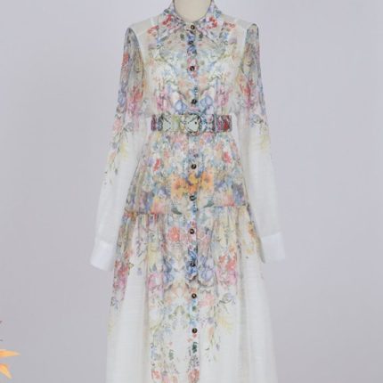 New Arab Women's Digital Print Mid-waist Dress Muslim Fashion Lantern Sleeve Lapel Robe-YY0014GZ