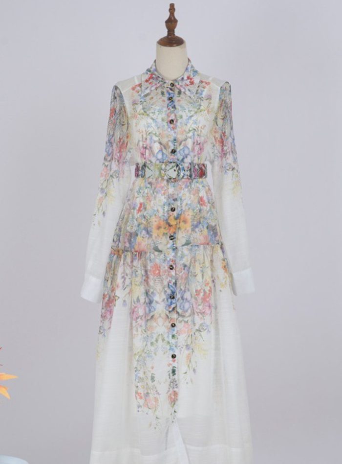 New Arab Women's Digital Print Mid-waist Dress Muslim Fashion Lantern Sleeve Lapel Robe-YY0014GZ
