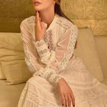 Spring New Arrival Solid Color French Lace Patchwork Puff Sleeve Shirt and Maxi Skirt Suits Set Two Pieces Woman-GZYYWL044