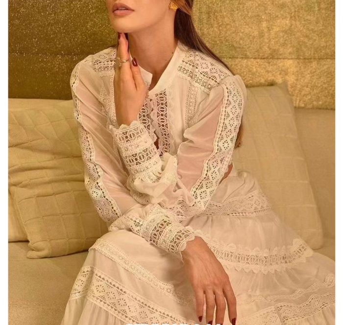 Spring New Arrival Solid Color French Lace Patchwork Puff Sleeve Shirt and Maxi Skirt Suits Set Two Pieces Woman-GZYYWL044