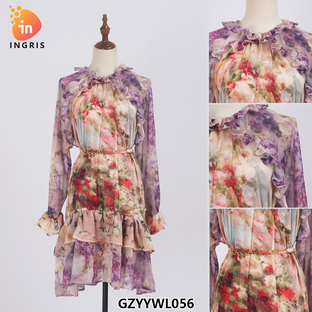 Modest Spring Casual Mandarin Collar Long Sleeves Floral Print Tiered Ruffles Chiffon Maxi Long Dress for Women-GZYYWL056