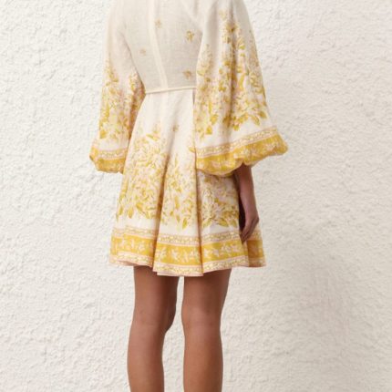 New Fashion Elegant Dress Women Retro Court Standing Collar Lantern Sleeves Printed Waist Slimming A-line Skirt-GZYYKJ013