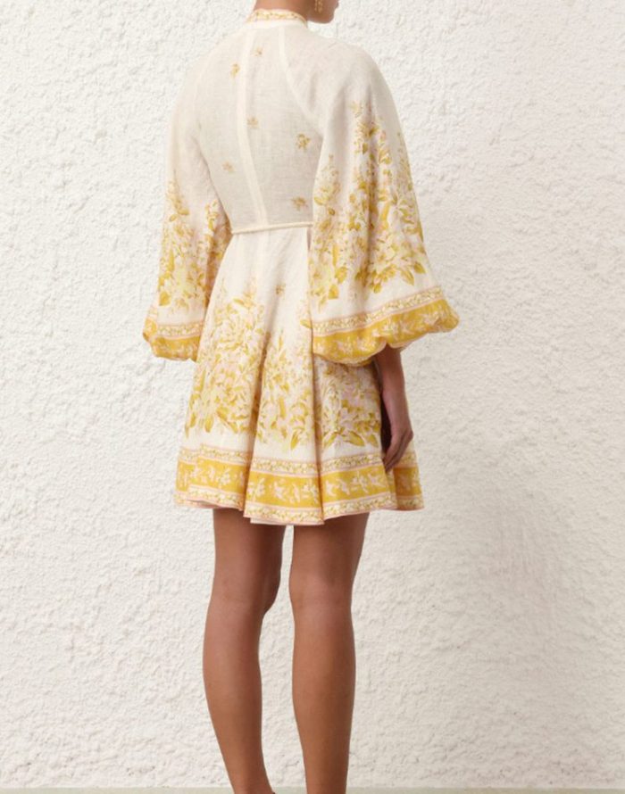 New Fashion Elegant Dress Women Retro Court Standing Collar Lantern Sleeves Printed Waist Slimming A-line Skirt-GZYYKJ013