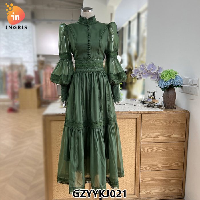 Spring and summer new style fashionable and elegant long skirt lace splicing design lantern sleeve dress-GZYYKJ021