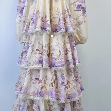 Retro Elegant Dress Women's Luxury Fashion Printed Waist Chiffon Floral Skirt Long Skirt-GZYYWL013