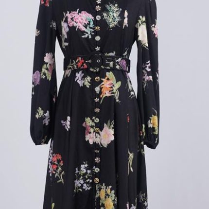 Wholesale Women's Clothing Spring New Lantern Sleeve Printed Single Breasted Dress-GZYYWL052