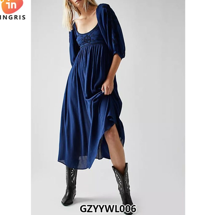 Fashion V-Neck Women Long Sleeve Dresses Chiffon Loose Maxi Dress-GZYYWL006