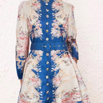 Retro Print Women's Dress Shirt Collar Fashion Puff Sleeve Slim Dress Women Ladies Elegant-GZYYKJ004