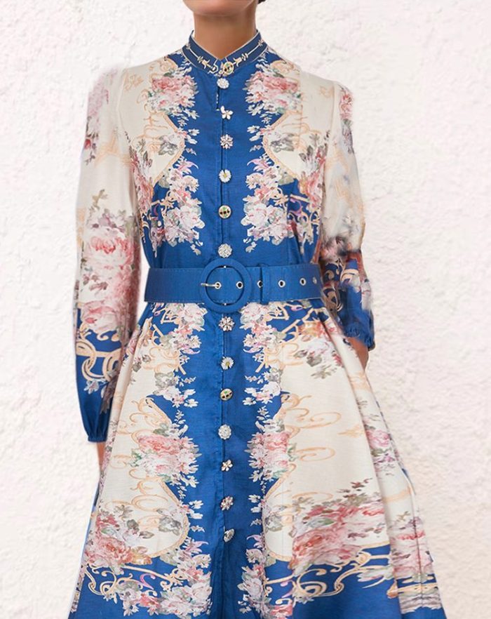 Retro Print Women's Dress Shirt Collar Fashion Puff Sleeve Slim Dress Women Ladies Elegant-GZYYKJ004