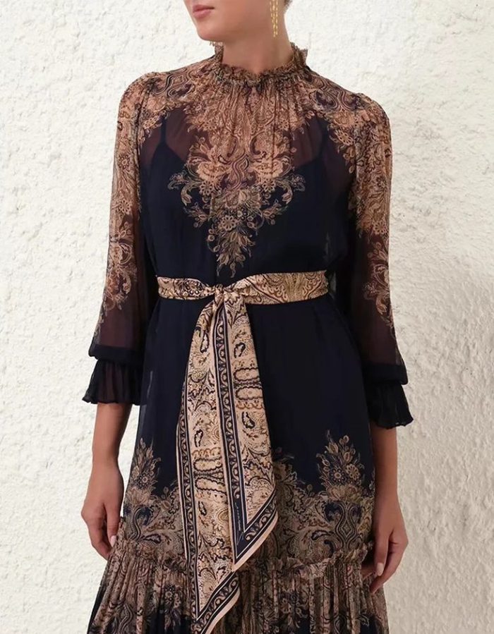 American Women's Spring/Summer Stand up Neck Lantern Sleeves Long Retro Print Two Piece Dress-GZYYKJ060