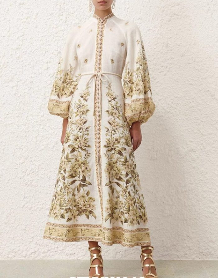 Wholesale Custom Stand Collar Flared Sleeve Printed Long Lace Dress-GZYYKJ012